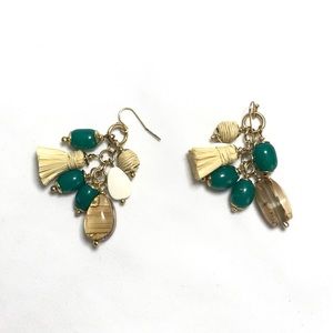 Chico’s emerald, cream and raffia tassel dangle earrings